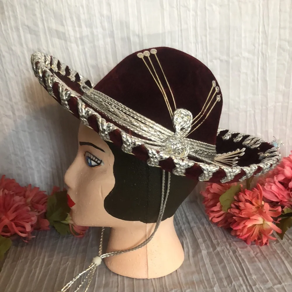 SALAZAR YEPEZ HATS maroon & silver beaded Mexican childs hat w/adjust neck strap